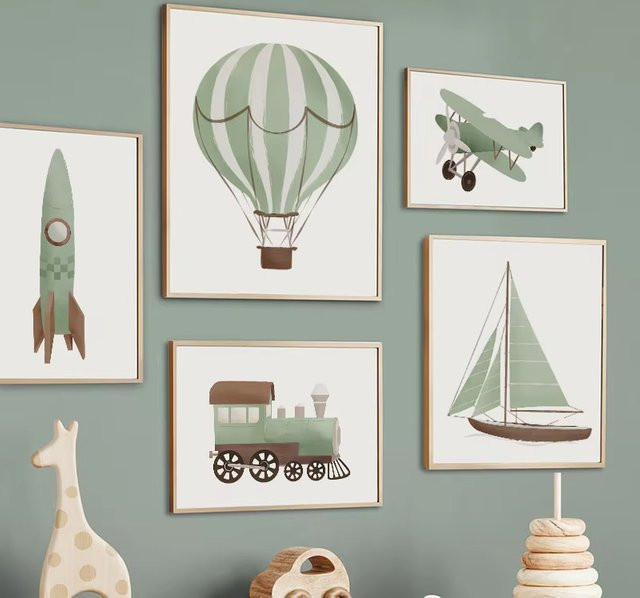 Rahmenloses Leinwandbild von Potdemiel mit nordischen Cartoon-Motiven wie Segelboot, Rakete und Flugzeug in Mehrfarbig - Bild 1