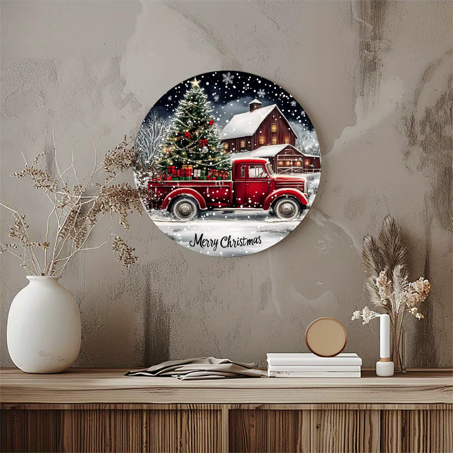 Potdemiel Rundes Aluminiumschild Weihnachts-LKW mit Haus im Schnee als Metalldekoration für Wand und Küche, Mehrfarbig, Durchmesser: 20 cm - Bild 6