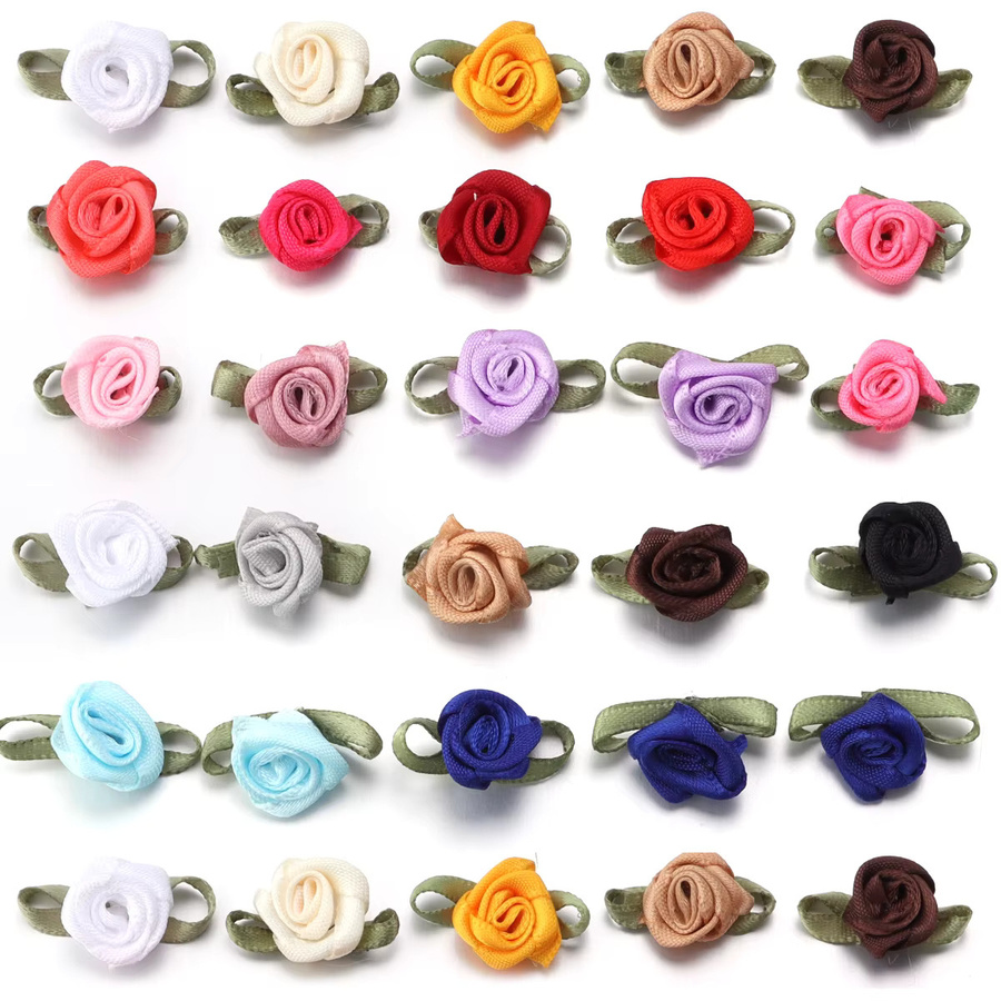 50 Stück Satinband-Rosenblumen mit grünen Blättern in Pink und Multicolour für DIY-Dekorationen, Nähen und Hochzeiten - Bild 6