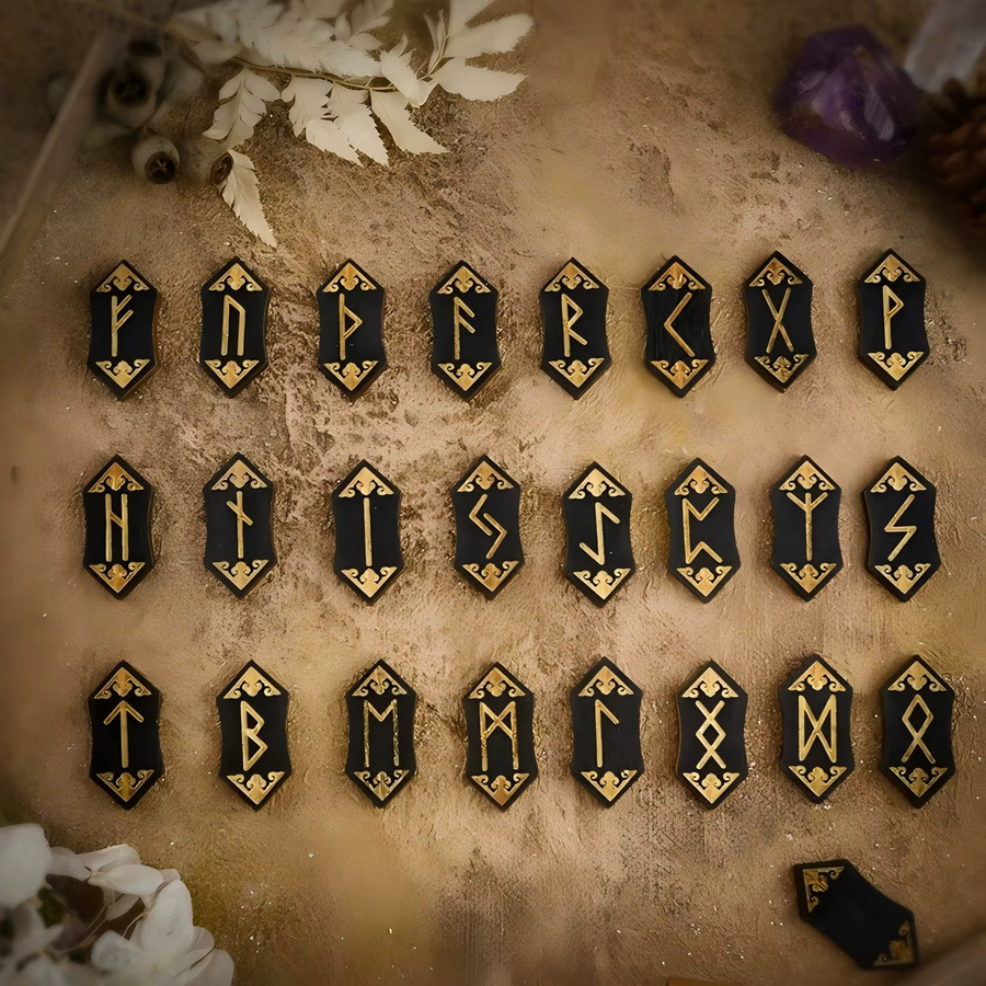 Vikings Jewelry Runen-Set aus Holz mit Aufbewahrungstasche und Guide Buch für Meditation und Wahrsagerei in Schwarz - Bild 5