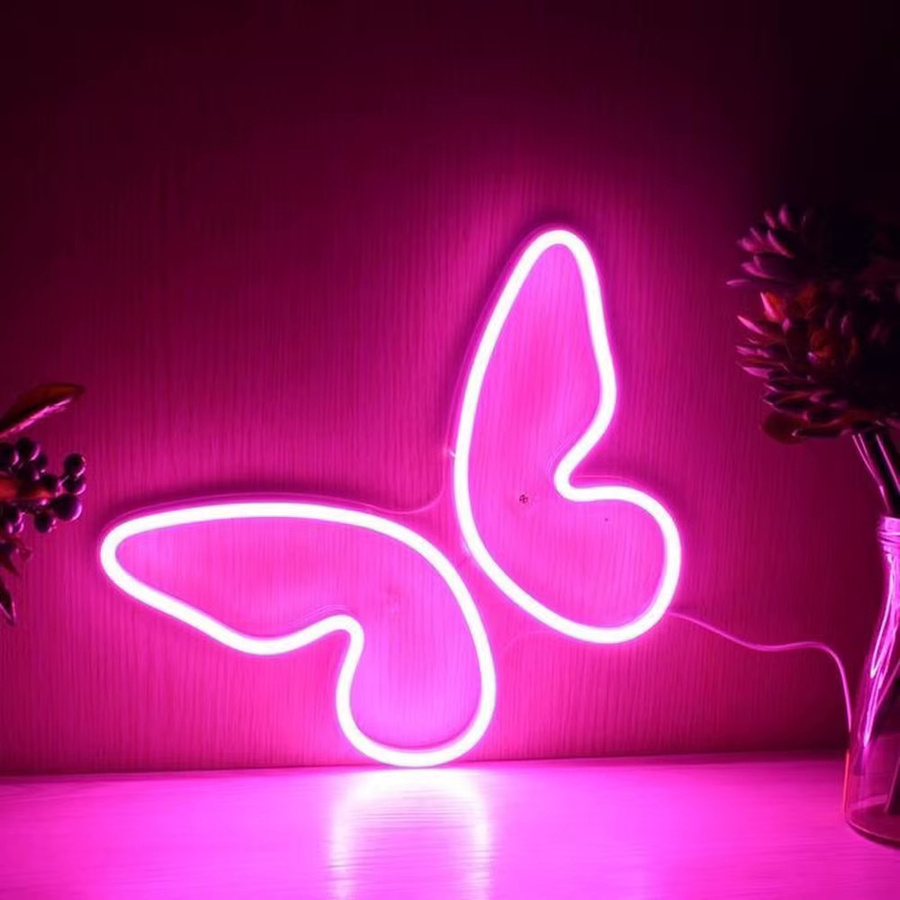 WNS Schmetterlingsförmiges LED-Neonlicht in Pink als moderne Wanddekoration und Nachtlampe - Bild 1