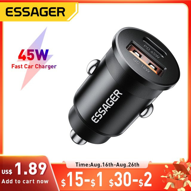 Essager 45 W Autoladegerät mit Dual Port PD QC3.0 und USB-C Schnellladung in Schwarz - Bild 1