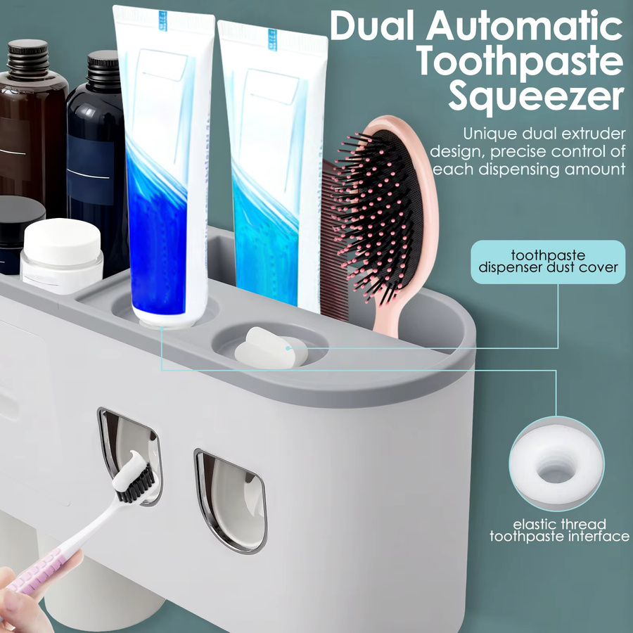Willstar Zahnbürstenhalter zur Wandmontage mit Bechern und automatischem Zahnpastaspender, Organizer für das Badezimmer in Grau oder Weiß - Bild 2