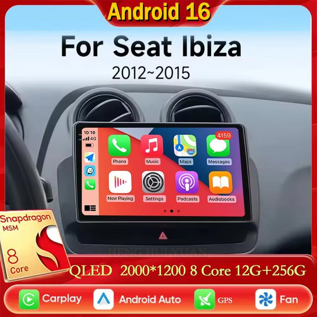 TIEYEZ Android 16 Auto-Multimedia-System für SEAT Ibiza 2012 - 2015 mit QLED Touchscreen, GPS-Navigation, Bluetooth, WiFi und 5G in Schwarz - Bild 1