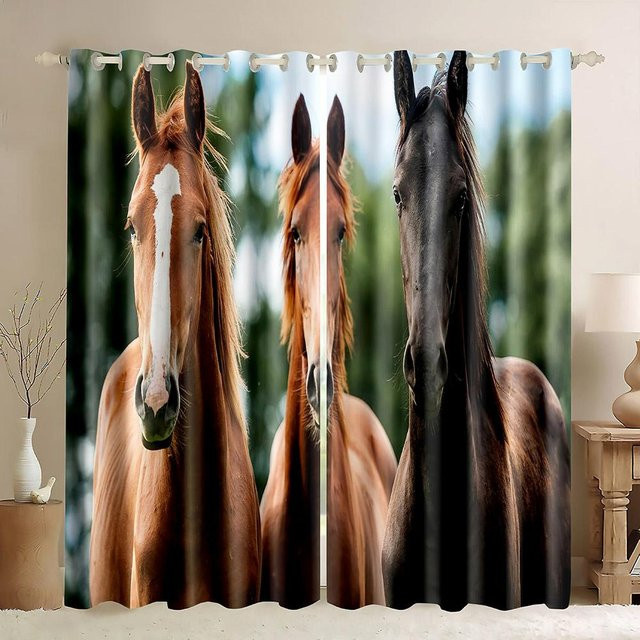 A Family Of Home Textiles Fenster Vorhang mit Pferde 3D Digitaldruck in Grau und Multicolour, semi-transparentes Design mit Sonnenuntergang-Motiv, 2 Paneele, Breite: 50 cm, Höhe: 130 cm pro Paneel - Bild 1