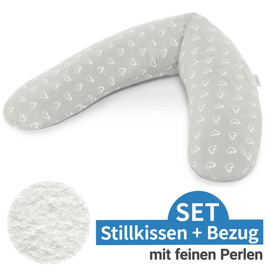 Theraline Stillkissen mit Perlen-Füllung und Bezug, Farbe: Grau, Design: Herzen, Länge: 180 cm - Bild 1