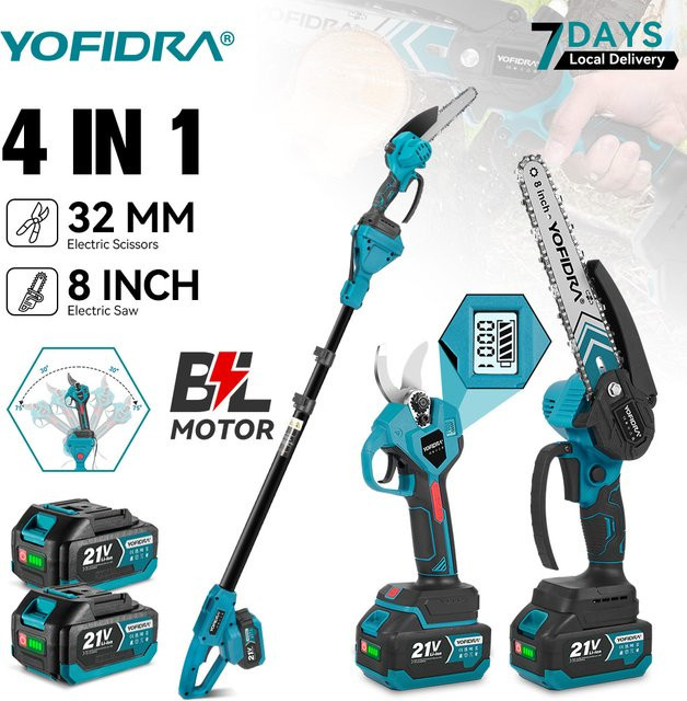 YOFIDRA 4-in-1 Akku-Astschere mit Teleskopstab, bürstenloser Hochleistungs-Astschnitt mit 8-Zoll-Kettensäge und 32-mm-Schere, blau, kompatibel mit Makita 21V LXT Akku - Bild 1