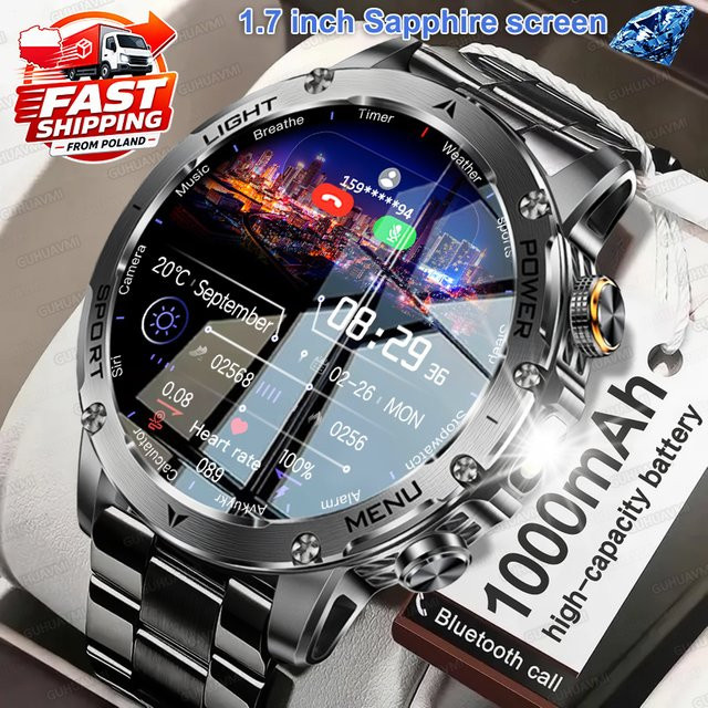 GUHUAVMI Smartwatch für Herren in Schwarz mit 1,7 Zoll AMOLED-Bildschirm, Bluetooth-Anruf, Herzfrequenzmessung und wasserdichtem Outdoor-Militär-Design mit 1000mAh Akku - Bild 1
