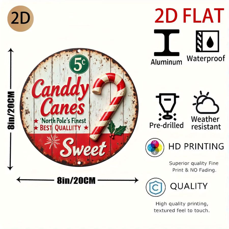 Vintage Candy Cane Metall-Wandkunst von Potdemiel – Kreisförmiges Blechschild mit rot-weißen Streifen und Holly-Akzenten für Weihnachten, Durchmesser: 20 cm - Bild 2