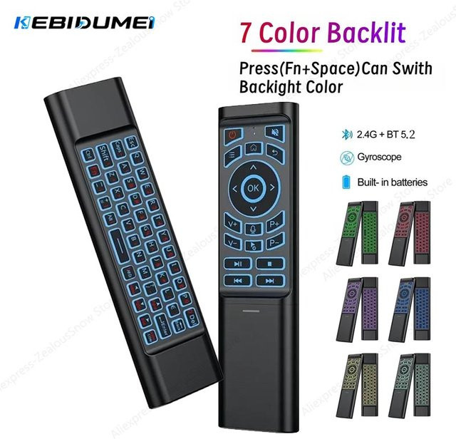 KEBIDUMEI Air Mouse Fernbedienung mit Gyroskop und Hintergrundbeleuchtung, Bluetooth 5.2, 2.4G und IR-Lernfunktion, Tastatur-Maus für Android Smart TV Box und PC, Schwarz/Mehrfarbig - Bild 1