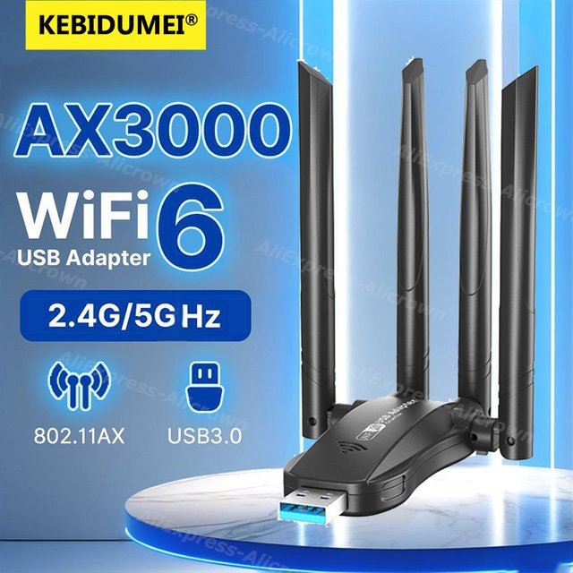 Kebidu WiFi 6 AX3000 USB-Adapter Dual-Band 2,4G/5G Drahtloser Netzwerkempfänger in Schwarz für Windows 10/11 - Bild 1