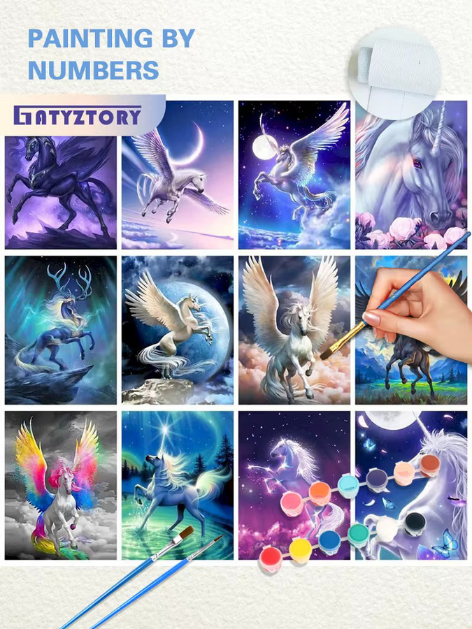 Gatyztory Malerei nach Zahlen mit fliegendem Pferd und Einhorn, Motiv Fantasie-Tiere in Gelb und Multicolour, B/H: 40 x 50 cm - Bild 3