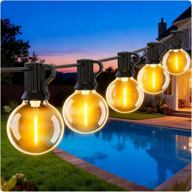 Aiopp G40 LED-Kugel-Lichterkette für den Außenbereich, wasserdichte Glaskugeln in Transparent, warmweißes Licht, verbindbare Hängelampe für Garten und Balkon, Schwarz - Bild 1
