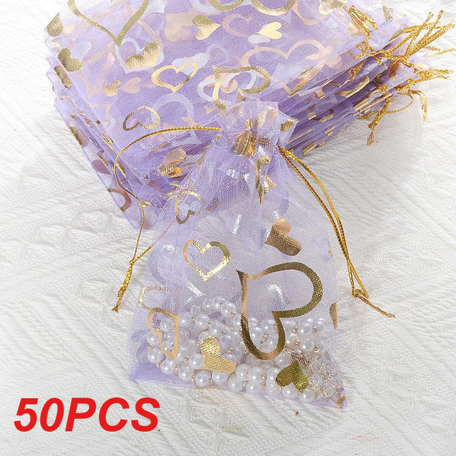 50 Stück Herz-Organzabeutel mit Kordelzug in Hellviolett für Schmuck und Gastgeschenke - Bild 1