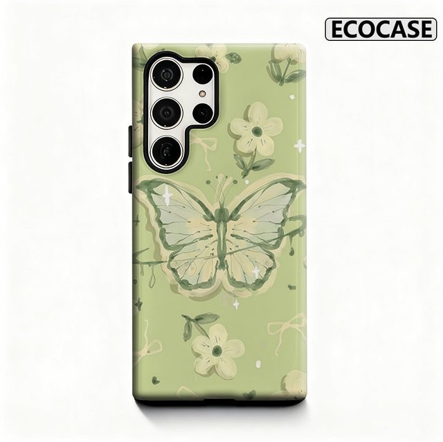 Grüne Schmetterlingsblumen Handyhülle mit glänzender doppellagiger Rückseite für Samsung Galaxy S25 Ultra, S24 und S23 Ultra Plus - Bild 1