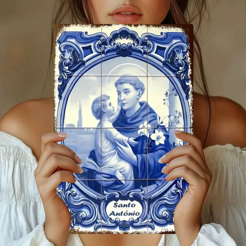 Retro Metall-Wandkunst Hello Young St. Antonius von Padua Illustration in Blau, B/H: 30,48 x 30,48 cm - Bild 6