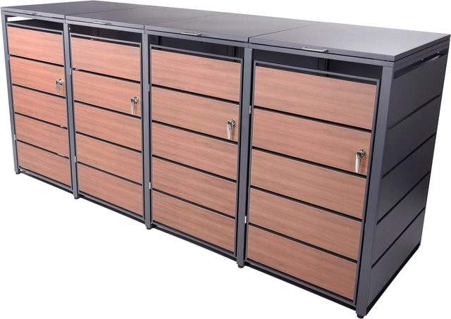 ALBATROS Mülltonnenbox 4er Holzdekor, wetterfeste Mülltonnenverkleidung aus verzinktem Metall, Anthrazit Grau RAL7016, abschließbar, für 4 Mülltonnen (120L bis 240L) inkl. Aufkleber Set - Bild 2