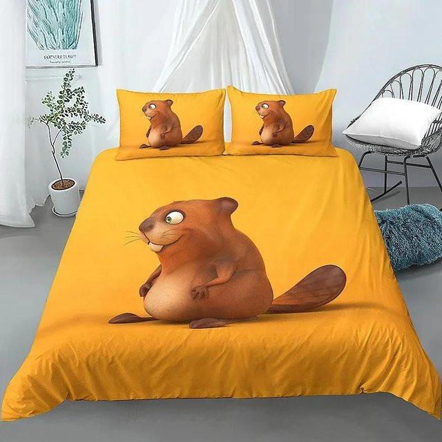 Bettwäsche-Set mit Cartoon-Biber für Kinder und Mädchen, bestehend aus Bettbezug und Kissenbezügen, Material: Polyester, B/H: 135 x 200 cm, 3-teilig - Bild 1