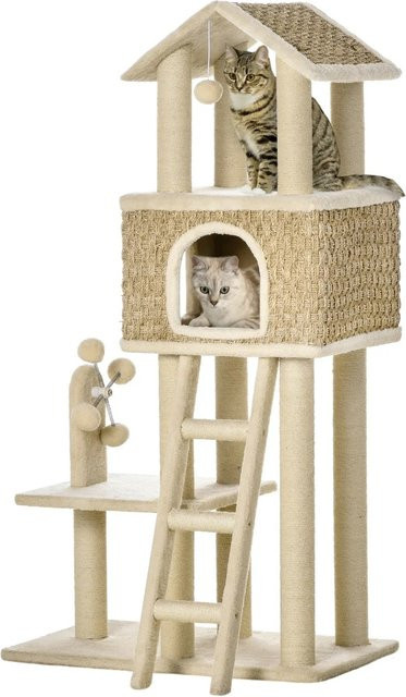 PawHut Kratzbaum beige mit Katzenhöhle und integriertem Spielzeug, B/T/H: 40 x 69 x 130 cm - Bild 1