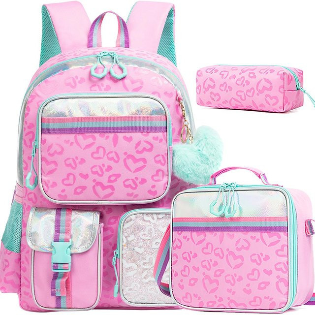 Multifunktionales Set für Mädchen mit Herz-Druckmuster inklusive Lunchtasche und Stiftetasche in Pink - Bild 1