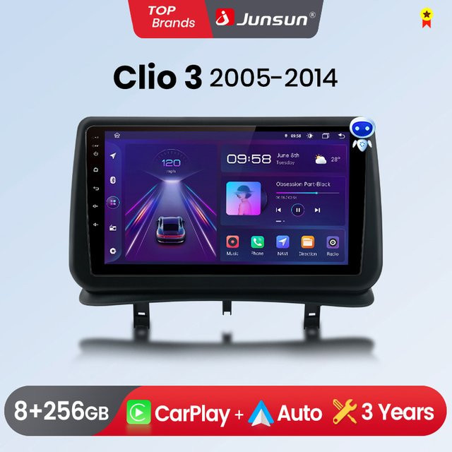 Junsun Kabelloses CarPlay und Android Auto Autoradio für Renault Clio 3 2005-2014, 2 DIN Multimedia-Stereoanlage in Schwarz mit GPS-Navigation, Bluetooth, IPS-Bildschirm und integriertem Kühlventilator - Bild 1