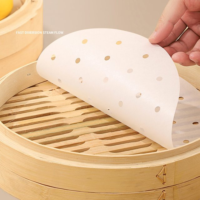 50 Stück Einweg Bambus Backpapier für die Heißluftfritteuse, Antihaft-Matten, rund, weiß - Bild 1