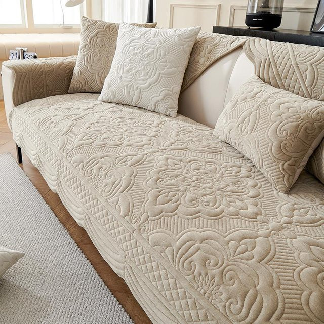 Your Warm Home Vintage Sofabezug für 3-Sitzer aus weichem Samt und Plüsch, Beige, 1 Stück, Kissen Maße: 90 x 90 cm - Bild 1