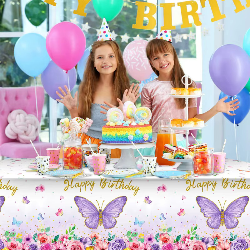 Wasserdichte Tischdecke von Wayfun mit Schmetterlings-Motiv in Rosa und Lila für Kindergeburtstage und Babypartys - Bild 2