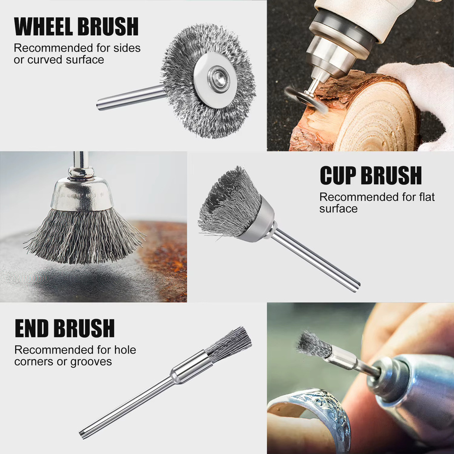 XCAN 24er Set Edelstahl Drahtbürsten und Rad-Pinsel zum Polieren und Schleifen für Dremel Drehwerkzeuge zur Metall- und Rostentfernung in Silber - Bild 3