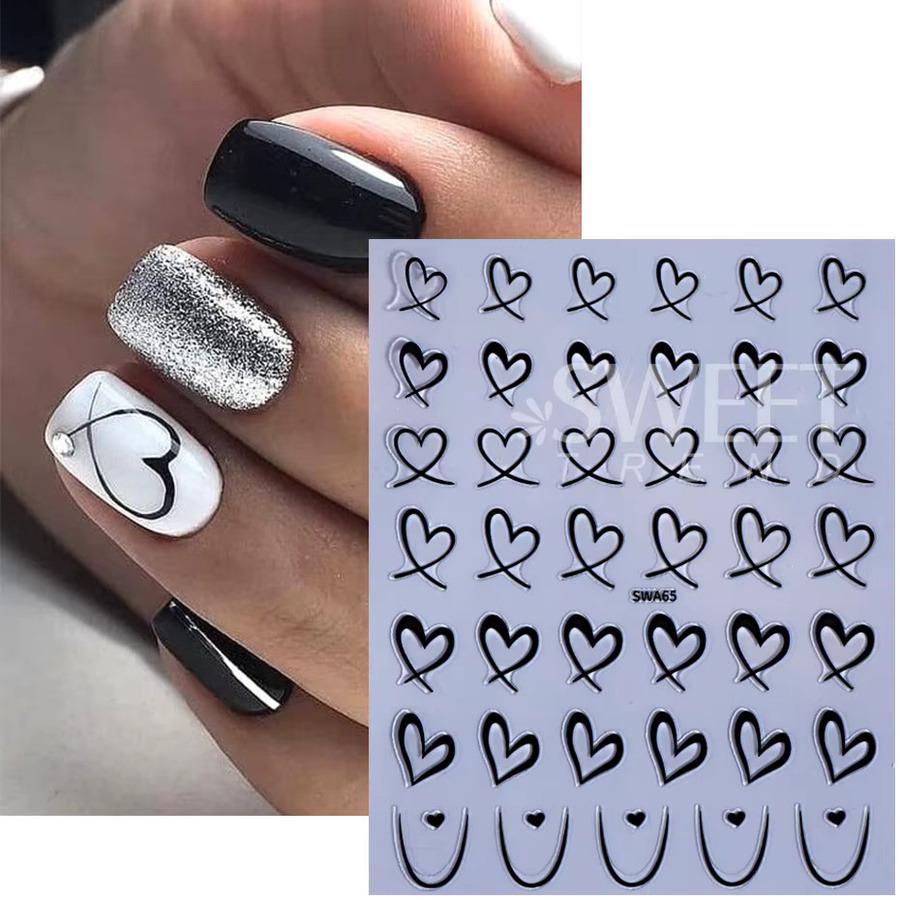 SWEET TREND Nail Art Aufkleber, 3 Stück, Schwarz Weiß Rosa, 3D Herz und Linien - Bild 2