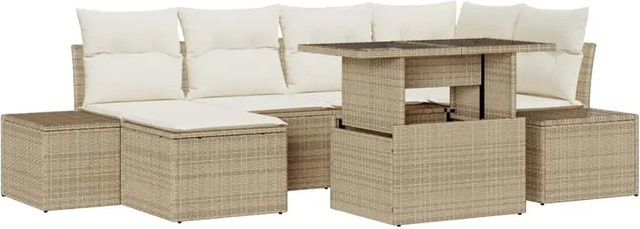 vidaXL Garten-Sofa-Set 7-teilig aus Poly Rattan und Stahl mit Stauraum und Polstern in Beige und Weiß - Bild 1
