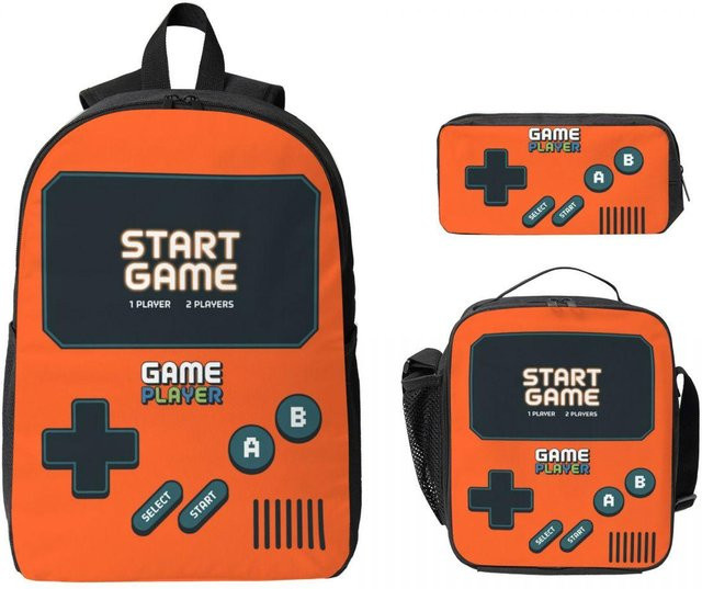Fancy Style Studio Gamer Merch Rucksack-Set für Kinder in Orange mit Federmäppchen und Brotdose, 3-teilig - Bild 1