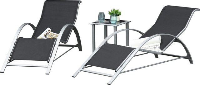Outsunny Gartenliege-Set 3-teilig aus Metall mit Tisch und 2 Liegen in Schwarz und Silber, B/H/T: 59 x 66 x 169 cm - Bild 1