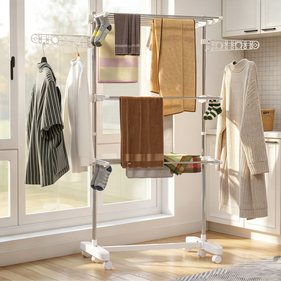 HOMCOM Mobiler Wäscheständer klappbar mit 3 Ebenen und Rollen in Silber und Weiß, B/T/H: 80-142 x 55 x 152 cm - Bild 2