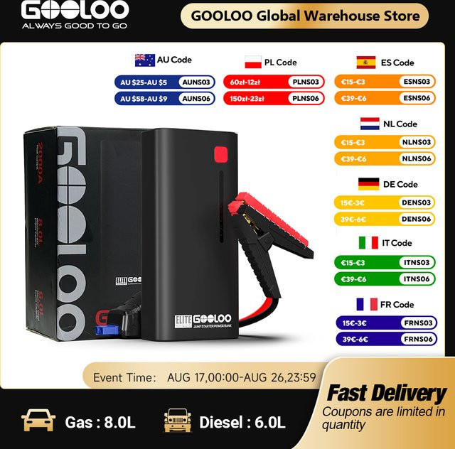 Gooloo 12V Auto Starthilfe Powerbank mit 2000A Booster und 48,84 Wh Kapazität in Schwarz - Bild 1