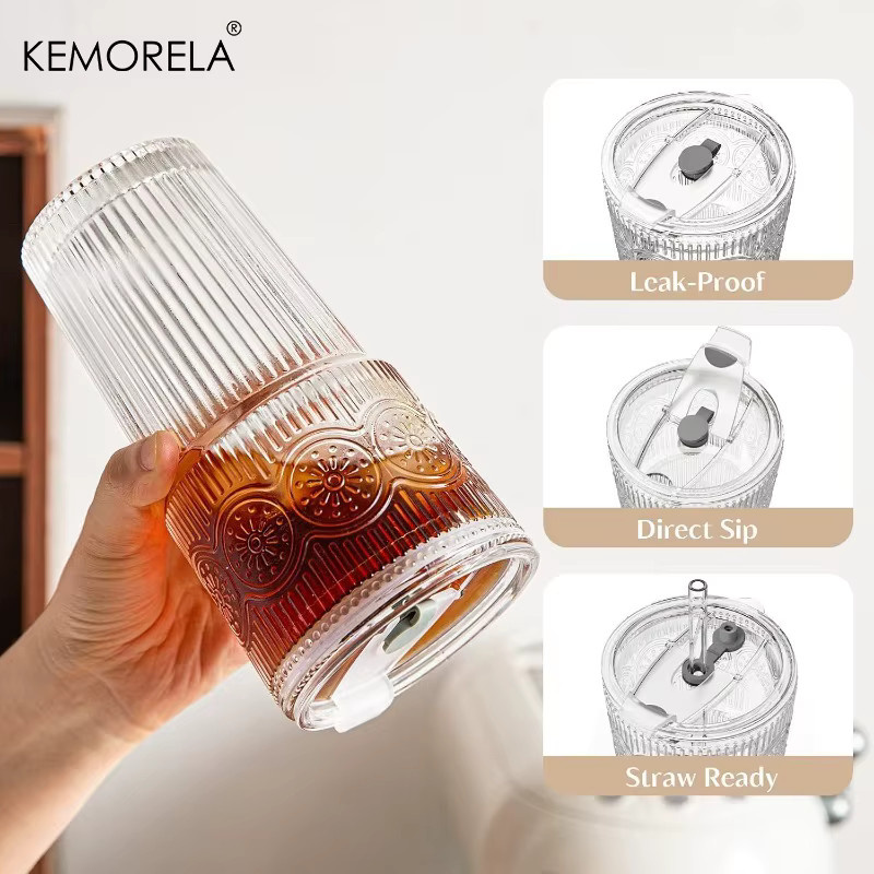 KEMORELA Glas-Kaffeetassen mit Deckel und Strohhalm, geripptes und florales Design, transparent, 590 ml - Bild 2