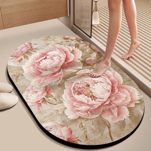 Saugfähige und rutschfeste Kieselgurmatte für das Badezimmer in Pink, oval mit floralem Design, B/T: 60 x 40 cm - Bild 1