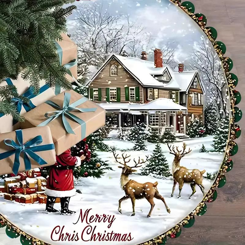 VIKAMA Weihnachtsbaumrock mit Winter Santa und Elch Motiv für Indoor und Outdoor Dekoration - Bild 6