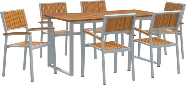 vidaXL 7-tlg Garten-Essgruppe modern aus grauem pulverbeschichtetem Stahl und Akazienholz - Bild 1
