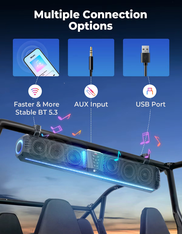 KEMITOUR Bluetooth Soundbar für UTV ATV mit RGB-Beleuchtung, IP66 wasserdichter Lautsprecher in Schwarz, passend für 1-2 Zoll Überrollbügel, kompatibel mit Polaris, Can-Am und CFMOTO - Bild 3
