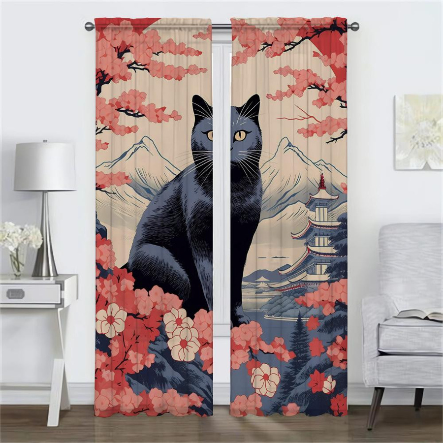2er-Set Halloween Verdunklungsvorhänge mit schwarzem Katzenmotiv, halbtransparent, Farbe: Schwarz, Breite: 50 cm, Höhe: 70 cm - Bild 1