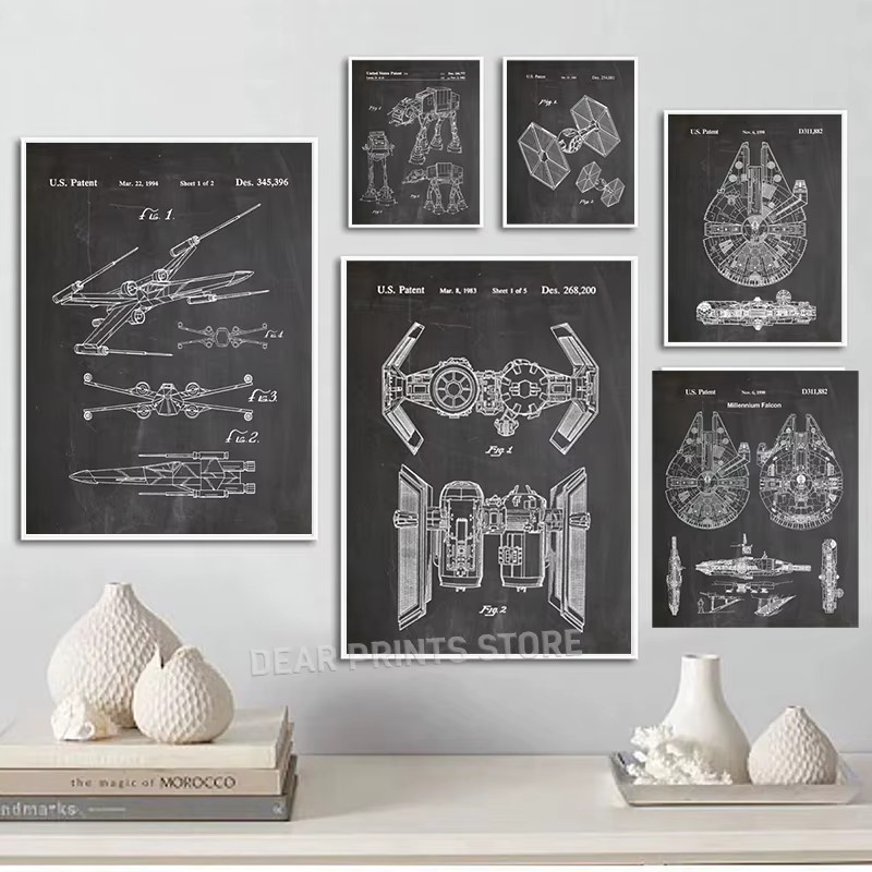Space Wars Vintage Kunstdrucke Science-Fiction-Filmplakat X-Wing und Millennium Falcon als Leinwandgemälde in Schwarz für deine Wanddekoration - Bild 2