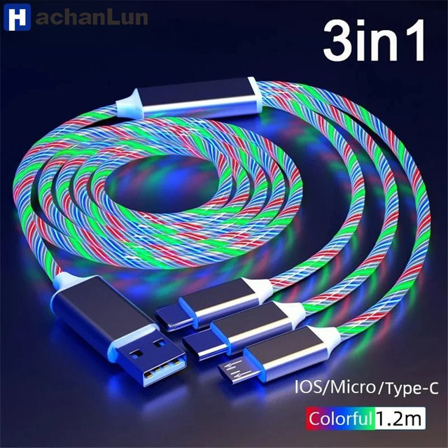 3 in 1 LED USB Schnellladegerät Kabel für Xiaomi und iPhone in Multicolour mit Typ-C Anschluss - Bild 1