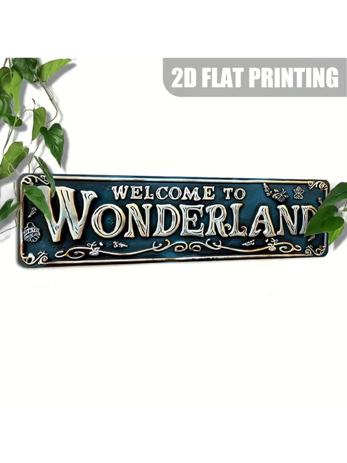 Retro Aluminiumschild Welcome to Wonderland von Hello Young mit blaugrünem und goldenem Blumenrand, B/H: 40,0 x 10,0 cm - Bild 5