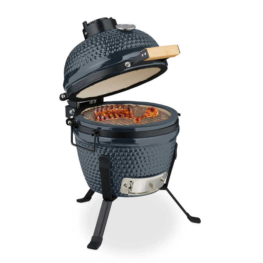Relaxdays Kamado Kugelgrill aus Keramik in Grau mit Thermometer, B/T/H: 56,5 x 43 x 46 cm - Bild 2