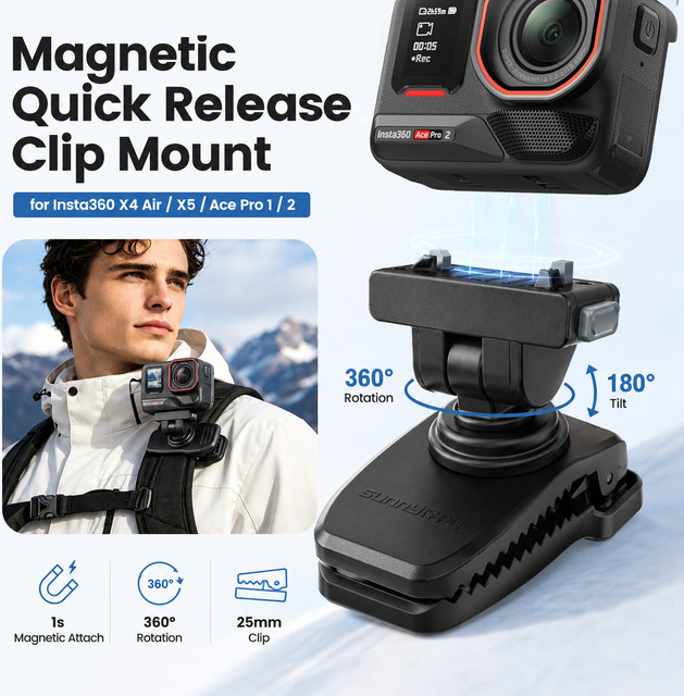 SZKOSTON Schnellverschluss-Magnet-Rucksackklemme Kamerahalterung für Insta 360 X5 X4 und Ace Pro, Schwarz - Bild 1
