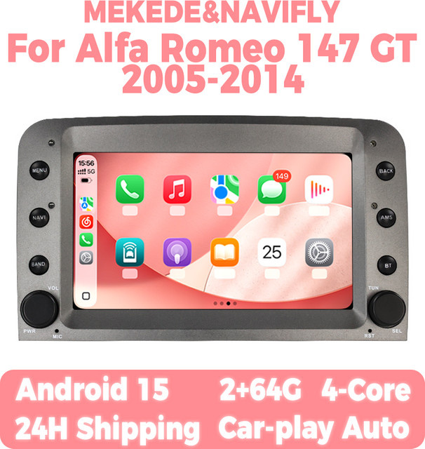 STRONGNAVI Android 15 Autoradio mit 7 Zoll Display für Alfa Romeo 147 GT 2005-2014, Schwarz, GPS Navigation, Wireless CarPlay und Android Auto - Bild 1