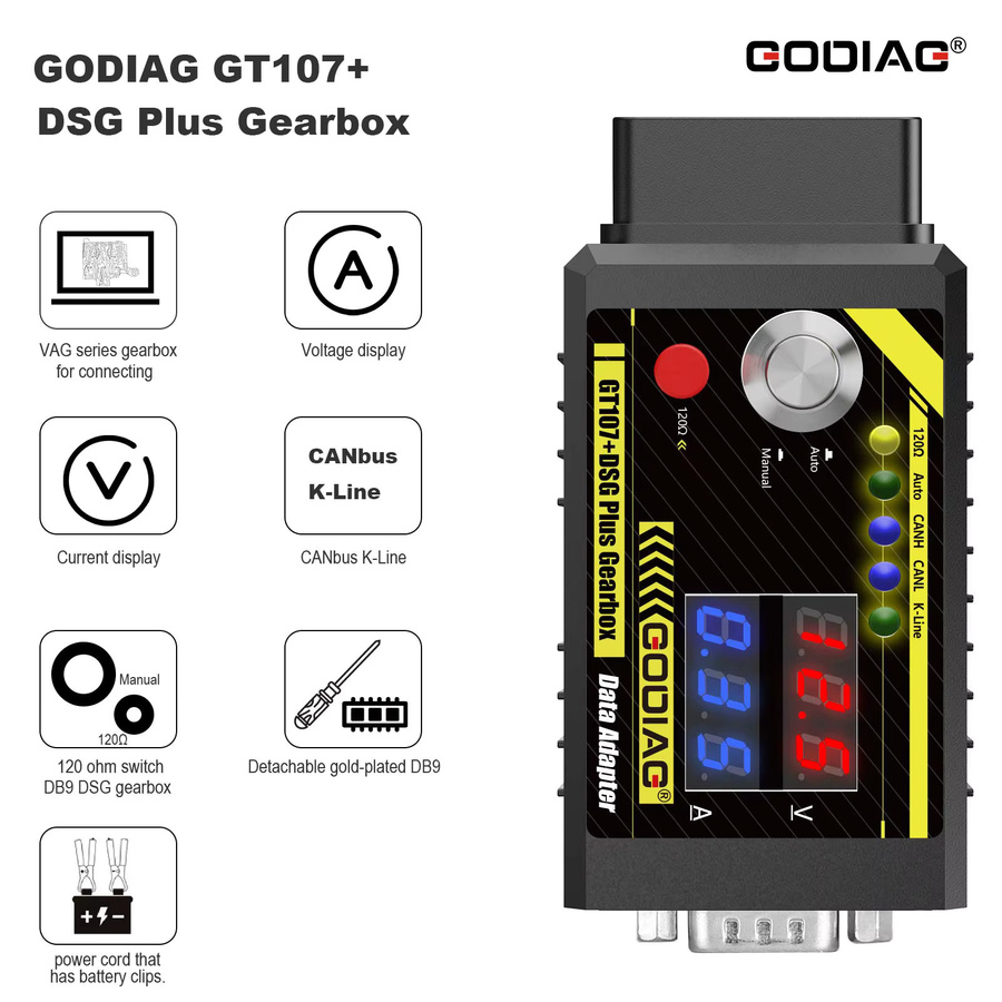 GODIAG GT107+ DSG Plus Getriebe-Datenadapter mit Spannungs- und Stromanzeige in Schwarz für DQ250 DQ200 VL381 VL300 DQ500 DL501 Benz BMW - Bild 3