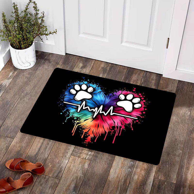 VIKAMA Herzförmiger Teppich mit Pfotenabdruck und Herzschlag-Design, rutschfest und haustierfreundlich, Mehrfarbig, B/T: 60 x 40 cm - Bild 4