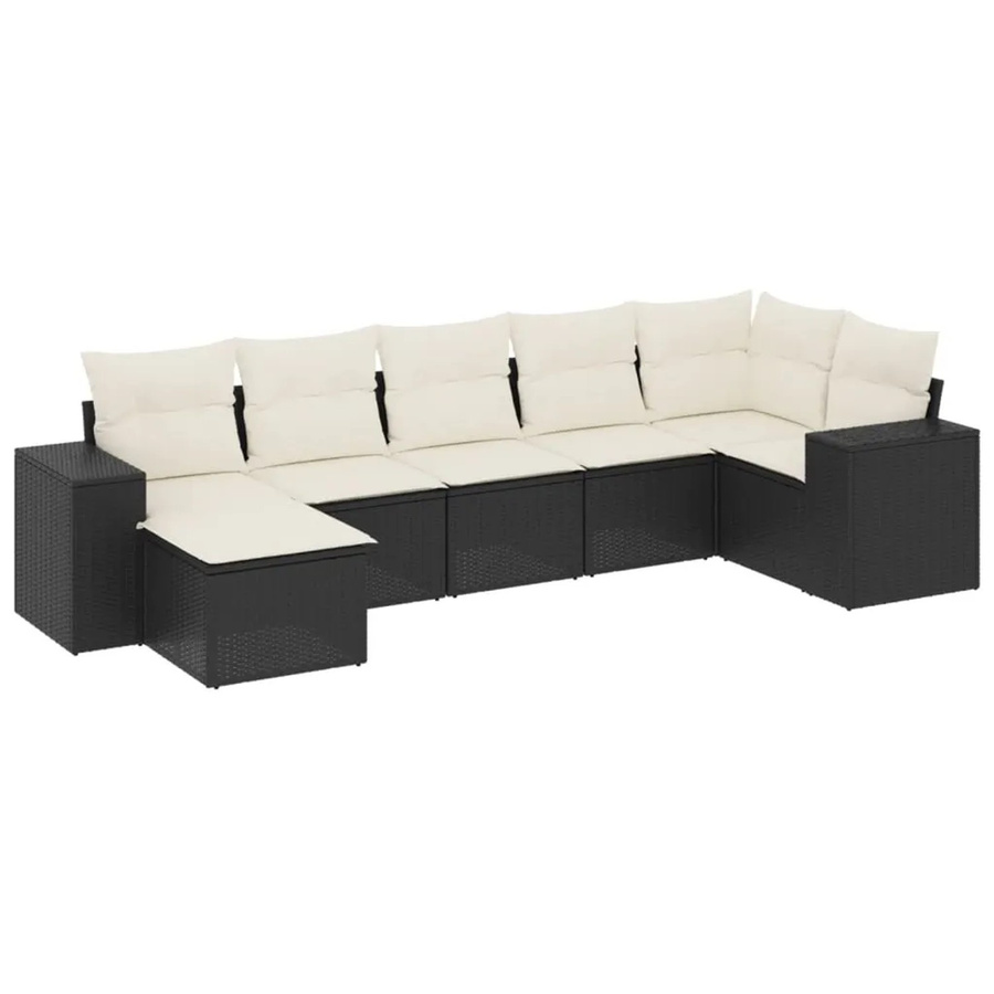 vidaXL 7-tlg. Garten-Sofagarnitur in L-Form aus Poly-Rattan mit Kissen in Schwarz und Cremeweiß - Bild 2